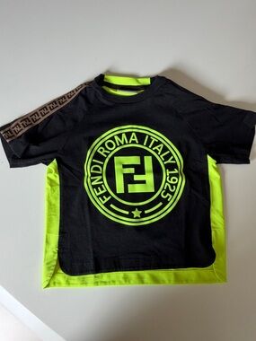 Fendi Black and Neon Yellow Logo Kids T-Shirt